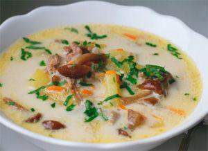 Супа в бяла чиния от медени гъби