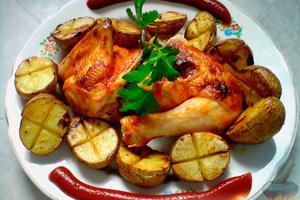 Huhn mit Ofenkartoffeln und Tomatensauce auf einem Teller