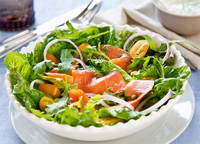 9 mga recipe para sa pulang isda salad: diyeta, masigla at murang