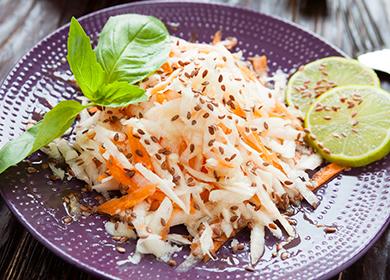 Radish salad (puti, itim, berde): pagkakaiba-iba ng karne, prutas, gulay at keso