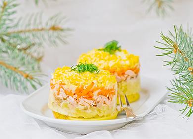 Mimosa salad na may de-latang kalakal, inasnan na isda, mga crab sticks at cod atay: 12 masarap na mga recipe