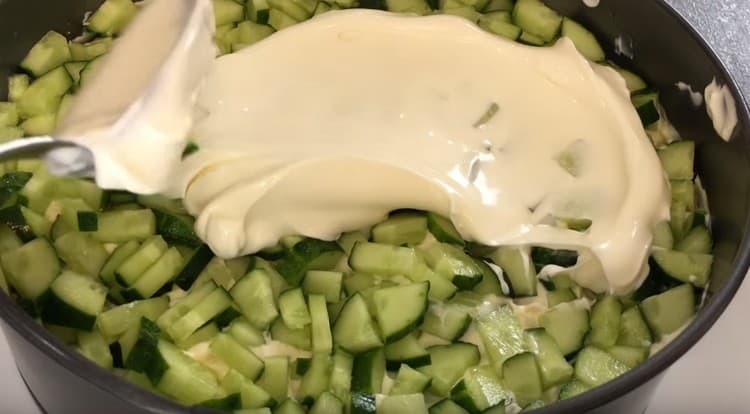 Grasa ang layer ng pipino na may mayonesa.